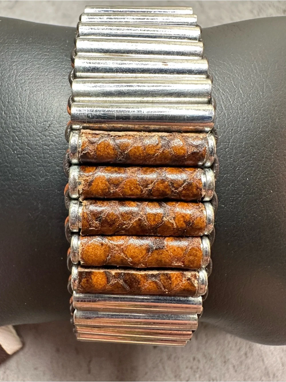 Henri Bendel Adjustable Leather & Silver Tone Statement Bracelet Boho Cuff